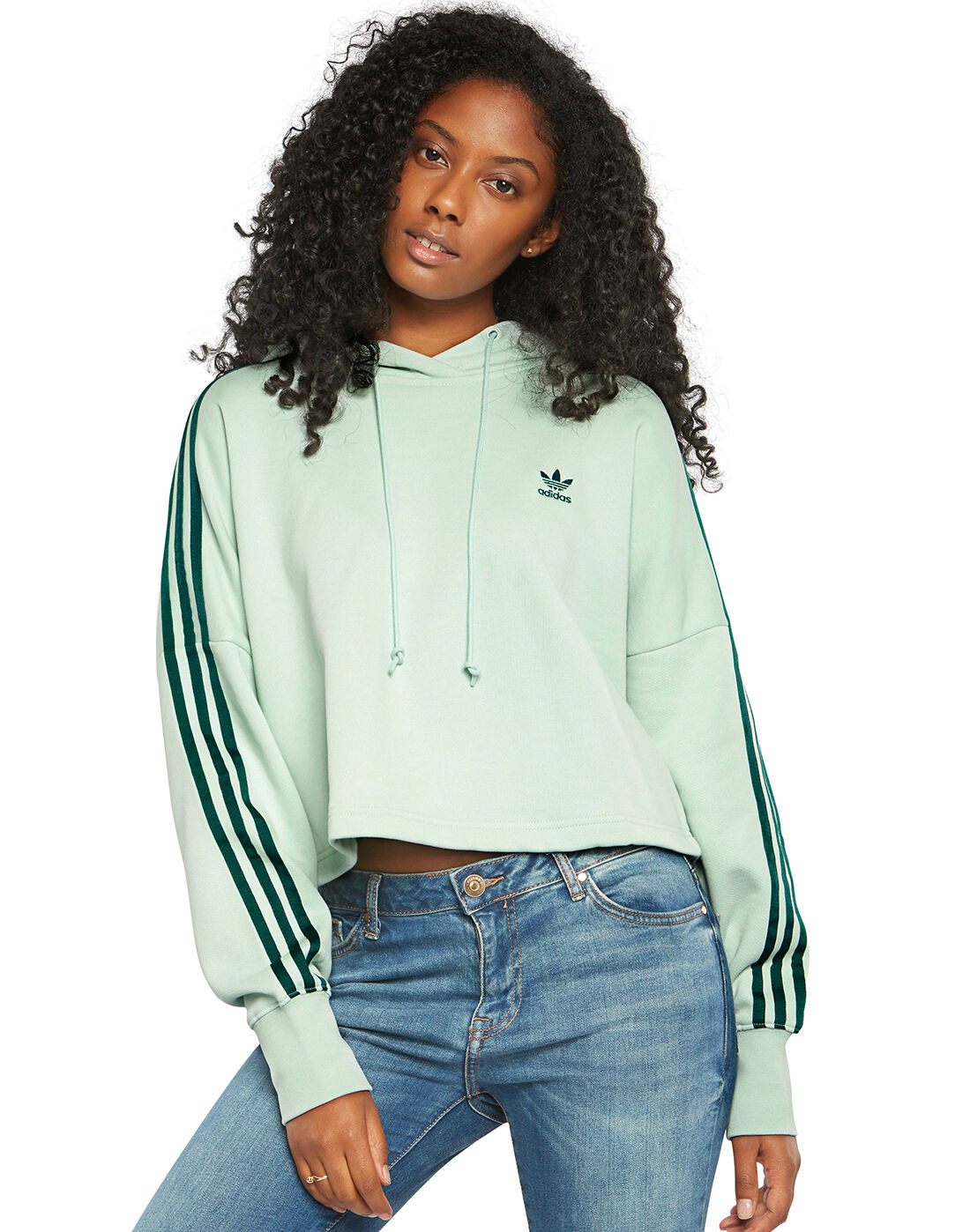 adidas originals three stripe cropped hoodie in green