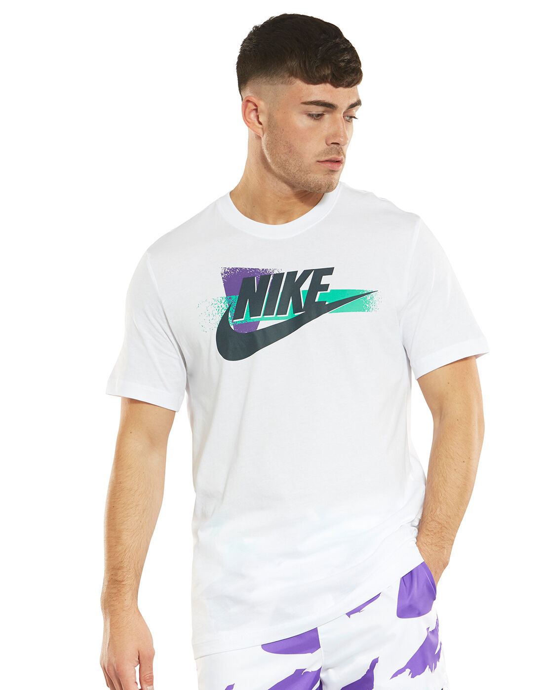 white nike shirt with purple logo