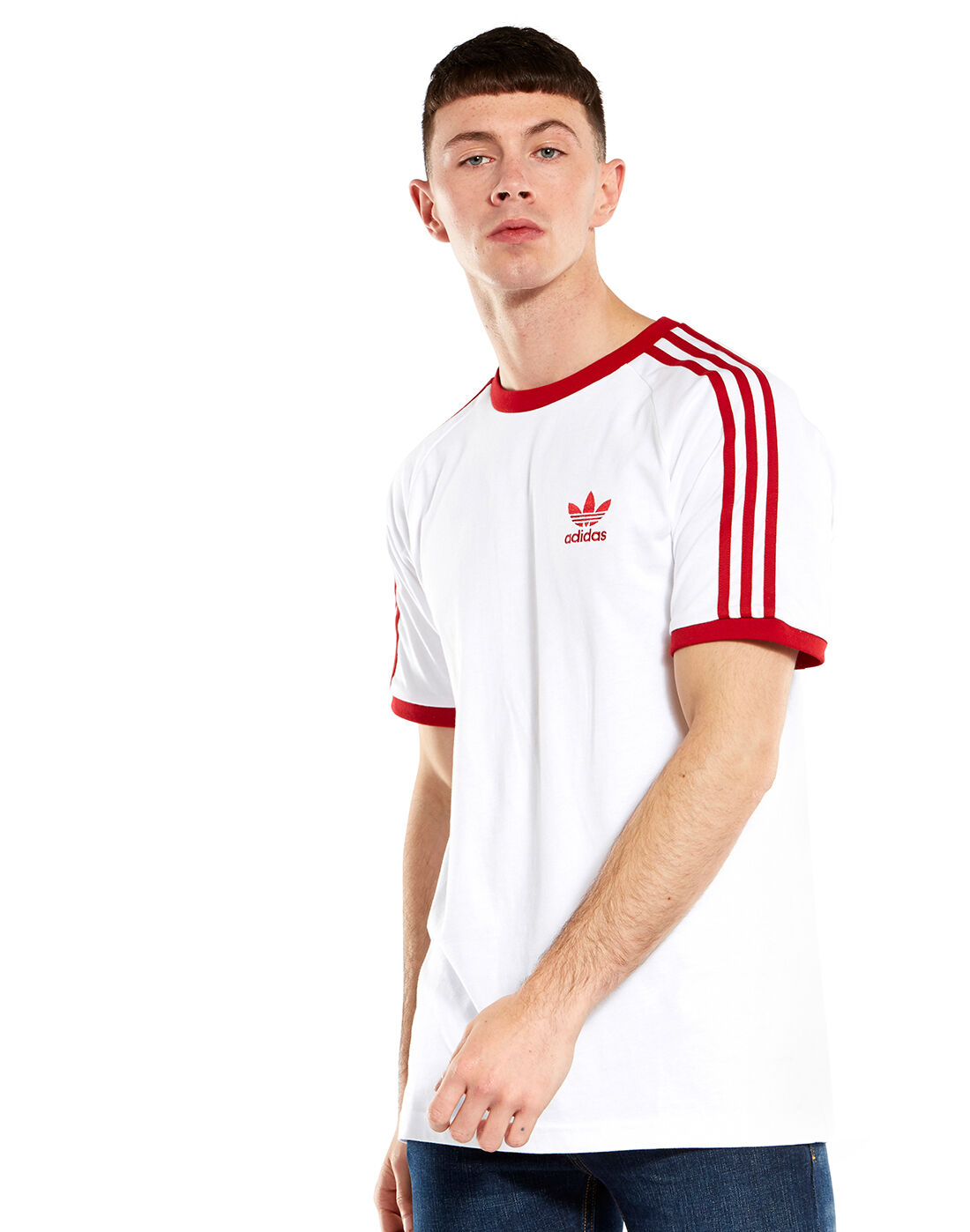 white adidas t shirt with red logo