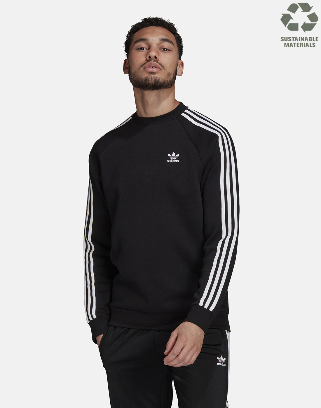 Adidas Originals Mens Stripes Crew Neck Sweatshirt Black Life