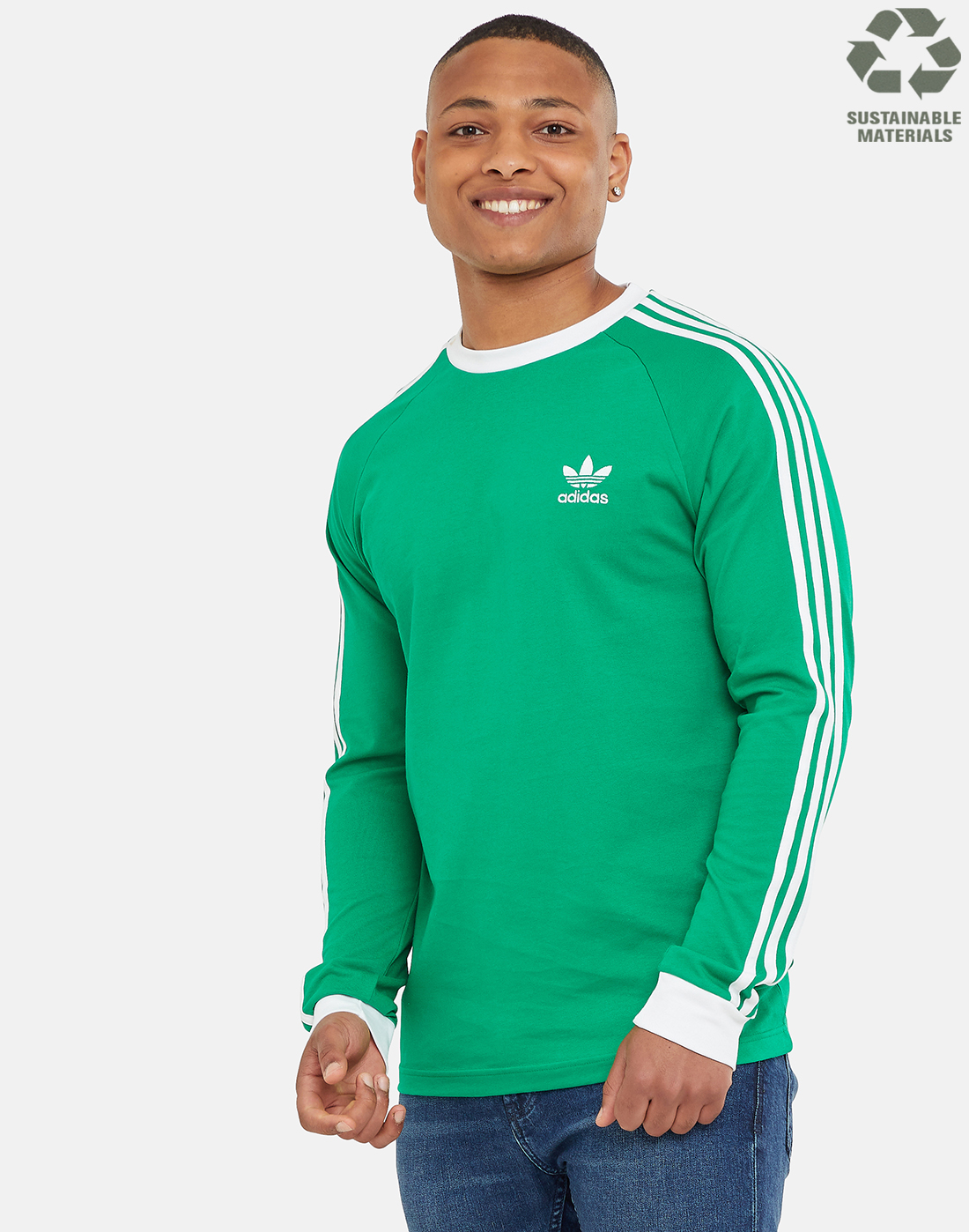 adidas Originals Mens 3 Stripes Long Sleeved T-Shirt - Green | Life ...