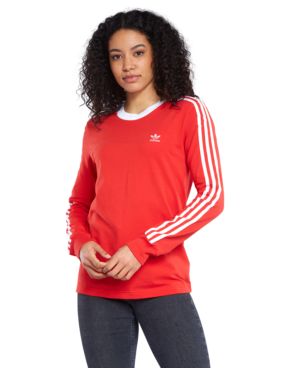 adidas Originals Womens 3-Stripes Long Sleeve T-shirt - Red | Life ...