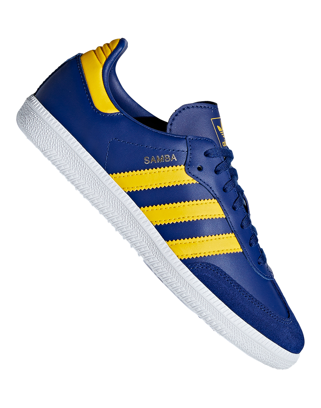 blue and yellow adidas samba trainers