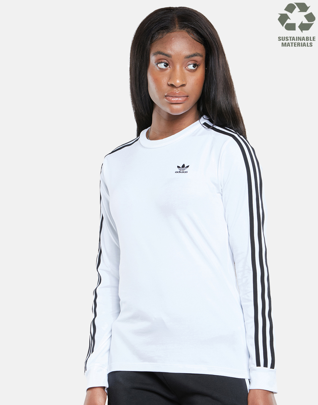 adidas Originals Womens 3 Stripes Long Sleeve - White Life Style Sports IE